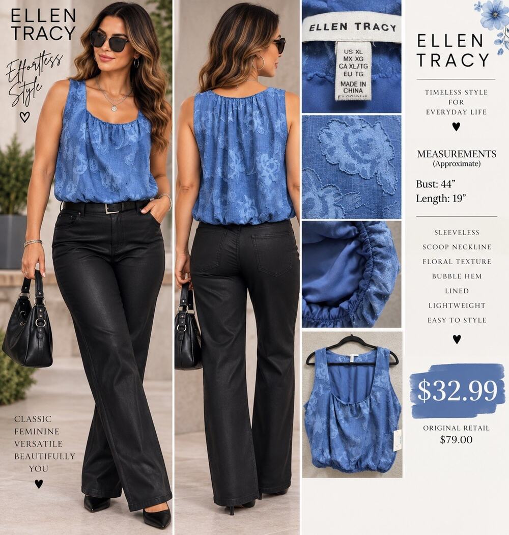 Ellen Tracy Women’s XL Blue Floral Textured Bubble Hem Sleeveless Top NWT